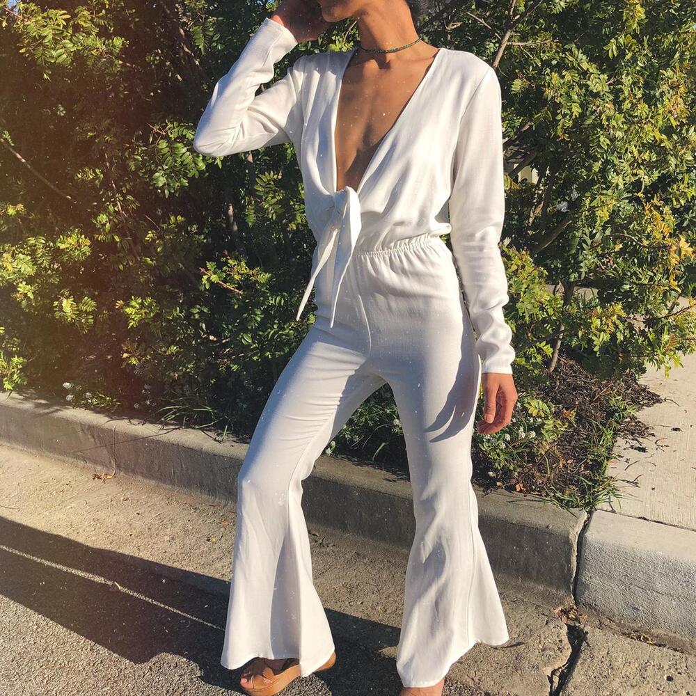 Stone Cold Fox Stardust Plunging V-Neck Flare Leg Playsuit Jumpsuit White XS / S